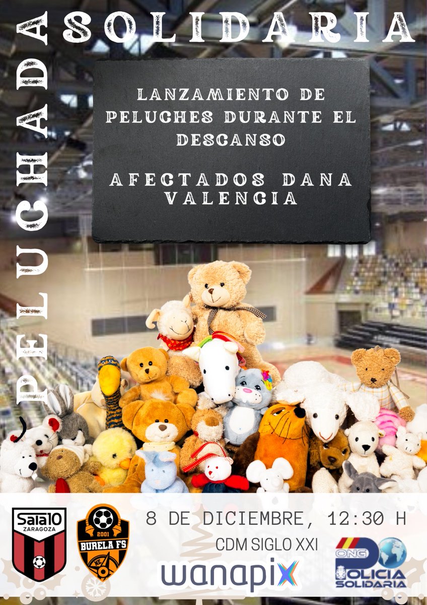 ❤️ Este domingo #NiunNiñ@SinRegalo

Organizamos una 𝗽𝗲𝗹𝘂𝗰𝗵𝗮𝗱𝗮 𝘀𝗼𝗹𝗶𝗱𝗮𝗿𝗶𝗮 junto a la ONG <a href="/Polsolidaria/">ONG PolicíaSolidaria</a> en el Pabellón Siglo XXI aprovechando el partido ante <a href="/burelafs/">CD Burela FS</a> (12:30h)

Arroja tu peluche desde la grada y se lo entregaremos a los niñ<a href="/s/">『S』</a> afectados por la DANA