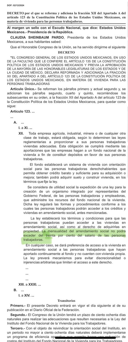 HernansolH's tweet photo. Importante reforma al artículo 123 de la Constitución Federal. 🚨‼️

Se establece que la mensualidad del arrendamiento social no podrá exceder del 30 % del salario de los empleados.

Para tomar nota 📝

#arrendamiento #reformaconstitucional #abogado https://t.co/QPZzp8ADmv