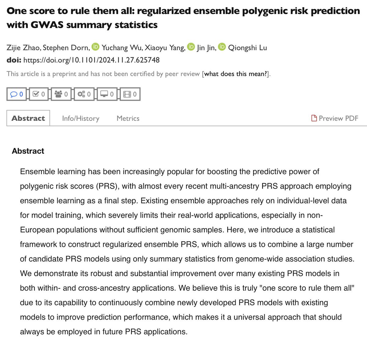 Qiongshi Lu (@q_statgen) on Twitter photo Our new PRS paper is out! We introduce a method to create regularized ensemble PRS on GWAS sumstats. Individual-level data is no longer needed for sophisticated ensemble learning <a href="/ZijieZhao1996/">Zijie Zhao</a> <a href="/stphn_drn/">Stephen Dorn</a>
Paper📰:biorxiv.org/content/10.110…
Software🧑💻:github.com/qlu-lab/PUMAS Our new PRS paper is out! We introduce a method to create regularized ensemble PRS on GWAS sumstats. Individual-level data is no longer needed for sophisticated ensemble learning <a href="/ZijieZhao1996/">Zijie Zhao</a> <a href="/stphn_drn/">Stephen Dorn</a>
Paper📰:biorxiv.org/content/10.110…
Software🧑💻:github.com/qlu-lab/PUMAS