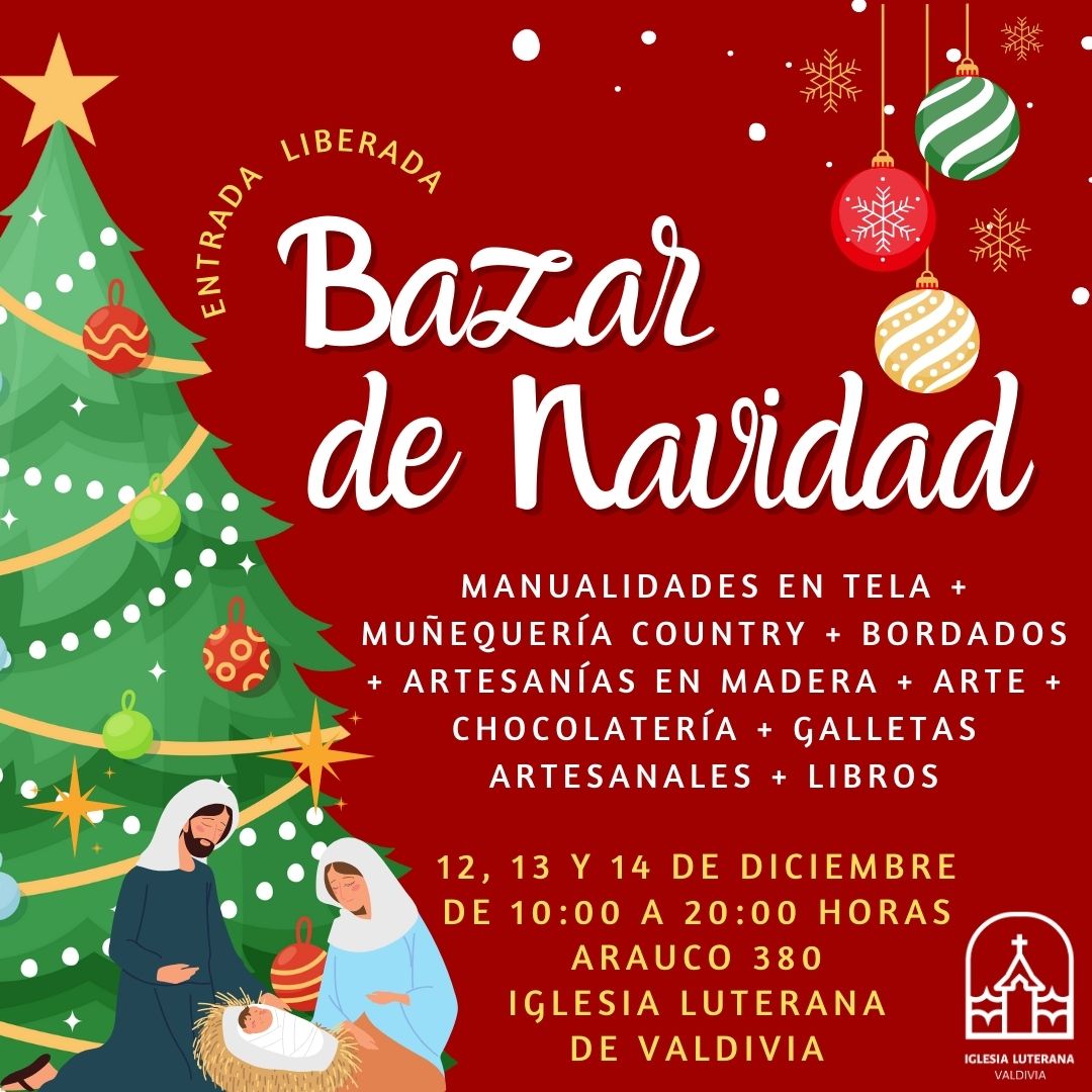 Muy invitados a visitar nuestro 🌟Bazar de Navidad🌟 que se realizará los días 12, 13 y 14 de diciembre en el hall de nuestro templo desde las 10:00 a las 20:00 horas.

Participarán más de 15 stands con productos hechos a mano ❤

#regalosdenavidad #valdivia #valdiviacl