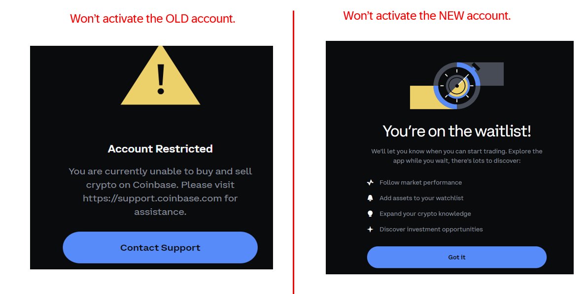 Hi <a href="/CoinbaseSupport/">Coinbase Support</a> , your customer support deserves an award! First, you refuse to activate my old account. Then, when I create a new one, it’s left inactive for over a week. Do I need to send it a “get well soon” card or...? Please sort this out!