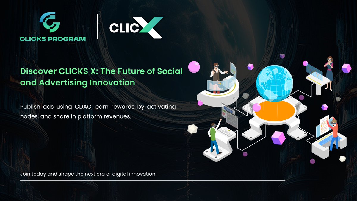 ClicksProgram's tweet image. 🌟 Discover CLICKS X: The Future of Social and Advertising Innovation 🌟

CLICKS X is your gateway to seamless communication and decentralized advertising. 

Publish ads using CDAO, earn rewards by activating nodes, and share in platform revenues.

Join the ecosystem that merges…