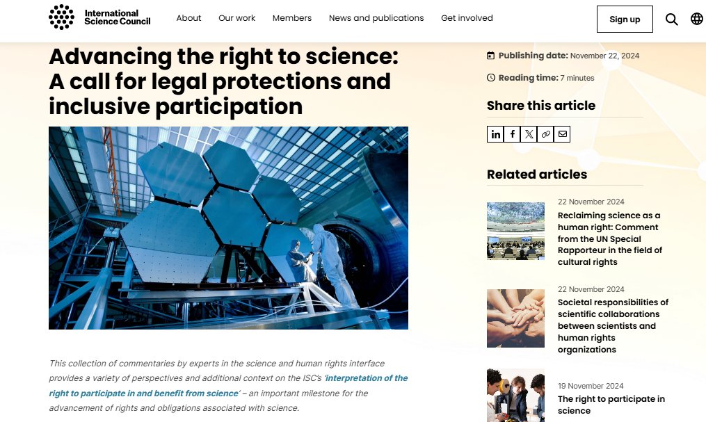 Salvador Herencia-Carrasco (@sherencia77) on Twitter photo Recently, the <a href="/ISC/">International Science Council</a> published its interpretation of the right to participate in and benefit from science. With <a href="/CamillaCroso/">Camilla Croso</a>, we wrote about the relation between science and academic freedom and the need for states to adopt proper legal protections.
See: council.science/blog/the-right… Recently, the <a href="/ISC/">International Science Council</a> published its interpretation of the right to participate in and benefit from science. With <a href="/CamillaCroso/">Camilla Croso</a>, we wrote about the relation between science and academic freedom and the need for states to adopt proper legal protections.
See: council.science/blog/the-right…
