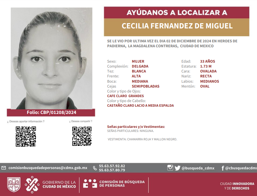 adnnoticiasmx's tweet photo. ¡Ayúdala a volver a casa! 🚨 

Cecilia Fernández de Miguel desapareció el pasado 2 de diciembre en Héroes de Padierna en la alcaldía Magdalena Contreras (@ALaMagdalenaC) https://t.co/QzSX3rWiA0
