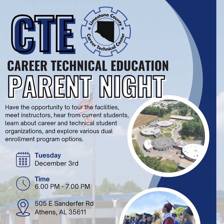 We are thrilled to invite prospective students and their families to our exciting open house on December 3, 2024, from 6 to 7 p.m. This is a fantastic opportunity for all 8th-grade students and above from Limestone County and Athens City to explore what we have to offer!