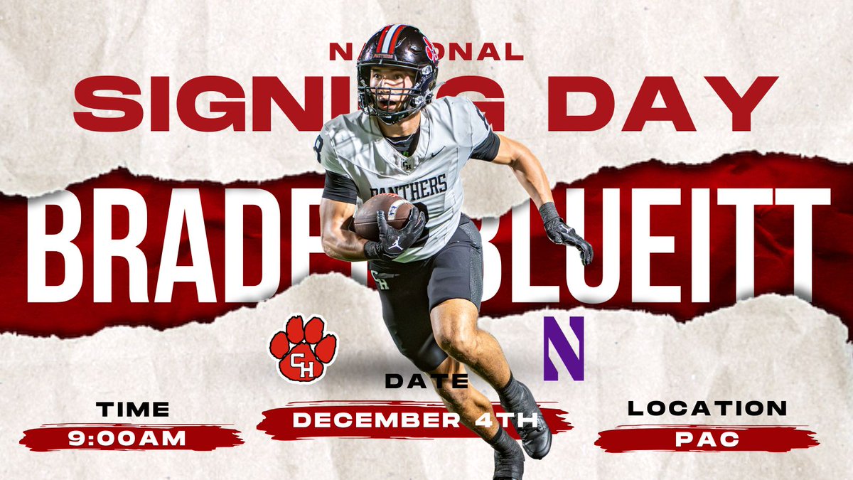 CHHS Football (@chhs_football) on Twitter photo Hope to see everyone tomorrow morning!
Come celebrate in the PAC as <a href="/BradenBlueitt/">Braden Blueitt</a> signs to attend <a href="/NUFBFamily/">Northwestern Football</a>! Hope to see everyone tomorrow morning!
Come celebrate in the PAC as <a href="/BradenBlueitt/">Braden Blueitt</a> signs to attend <a href="/NUFBFamily/">Northwestern Football</a>!