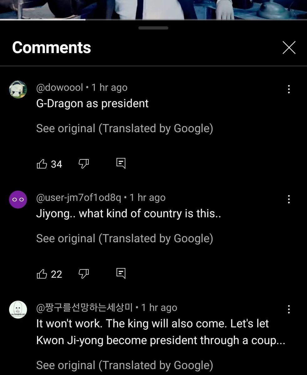 stillxxxlife's tweet photo. I'm sorry but koreans are so funny, Imagine having martial law coming and first thing you do is stream Gdragon and comment on his video to be next president, the whole comment section is like that bye https://t.co/OVabZJAUH0