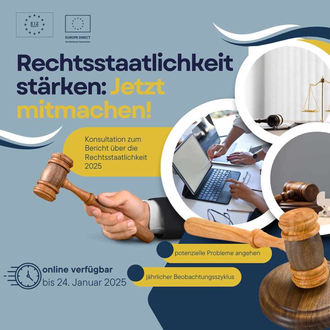 EIZRostock's tweet photo. 🌍 Rechtsstaatlichkeit stärken: Jetzt mitmachen! 🏛️✨
Die EU Kommission hat die Konsultation für den Bericht zur Rechtsstaatlichkeit 2025 gestartet. Jetzt ist Deine Stimme gefragt! 🗣️
https://t.co/ZhGF29jAeS
#EIZRostock #Rechtsstaatlichkeit #EU #Demokratie #Dialog #Mitmachen https://t.co/GOdkGH6qP1