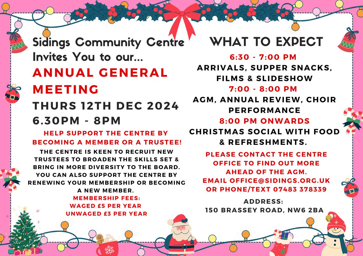 Join us on December 12th as we look back at our 2024 and look forward to 2025 at Sidings Community Centre.
Thank you for supporting the centre and we look forward to seeing everyone!