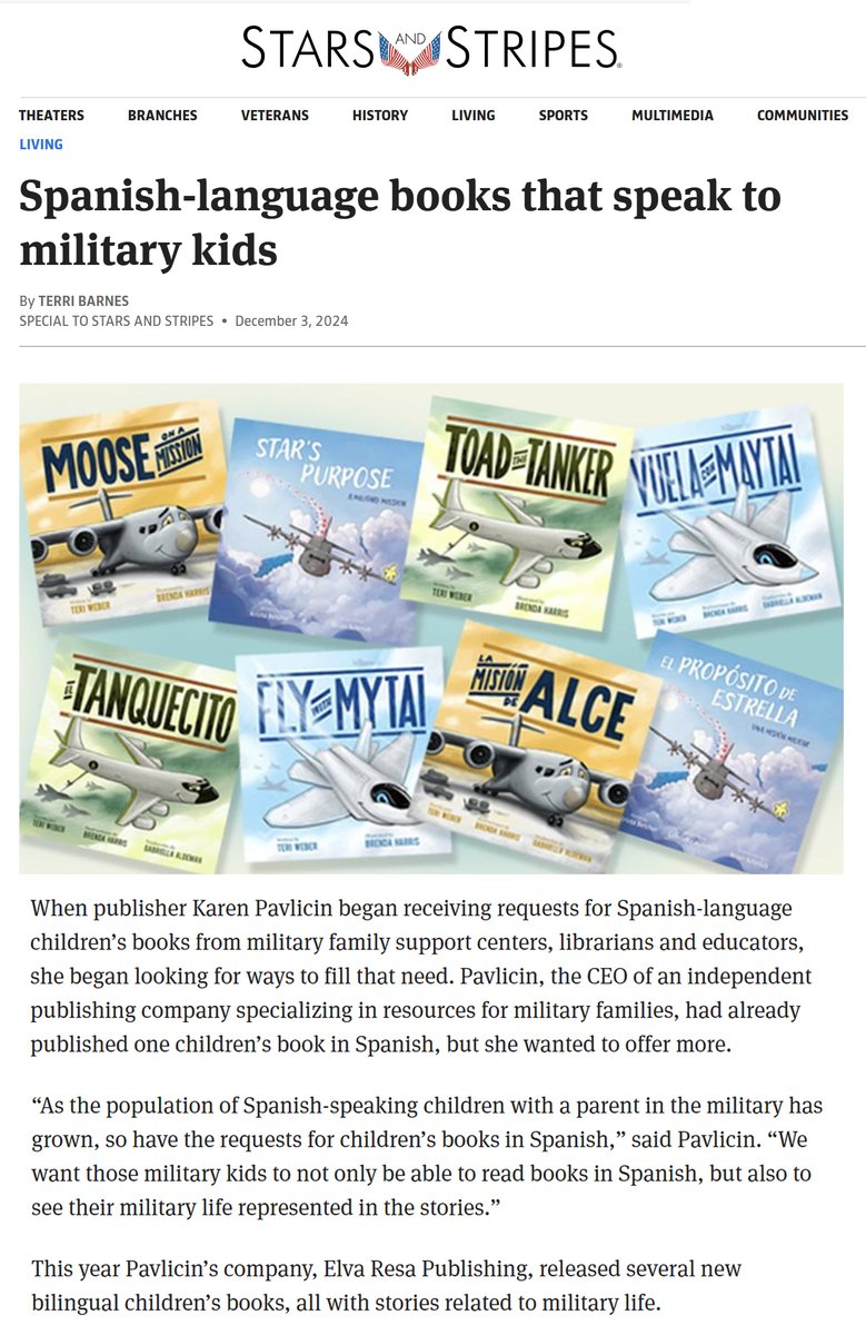 TY <a href="/starsandstripes/">Stars and Stripes</a> <a href="/SpouseCalls/">Terri Barnes</a> for this great article about <a href="/ElvaResa/">Elva Resa Publishing</a> Spanish-language books that speak to military kids stripes.com/living/2024-12… 

Available from MilitaryFamilyBooks.com/Spanish