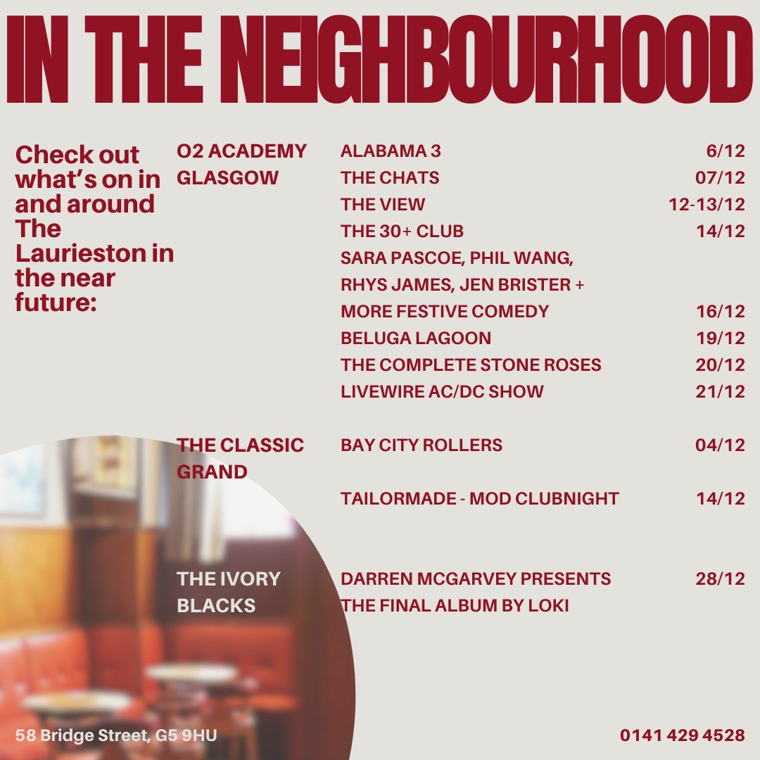 Thelaurieston's tweet photo. Plenty of exciting events this month. From great gigs, club nights and comedy at the O2 Academy, The Classic Grand, Ivory Black's and Subclub to a range of interesting art shows in the many galleries we are lucky to have nearby our pub. 

You know where to check in if attending! https://t.co/wgFJGfmGfb