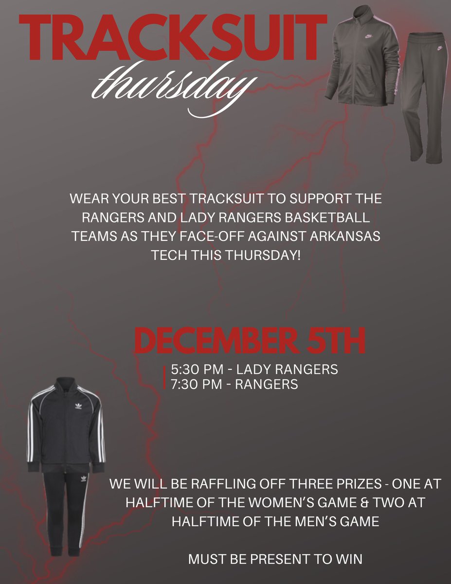 Join us this Thursday by wearing your best tracksuit to the Lady Rangers and Rangers games as they face off against Arkansas Tech. You won't regret it - plus we have a few prizes to give away! <a href="/NWOSU/">Northwestern Oklahoma State University</a> <a href="/NWOSUAthletics/">Ranger Athletics</a> 
#studentlife #nwosu #basketballseason