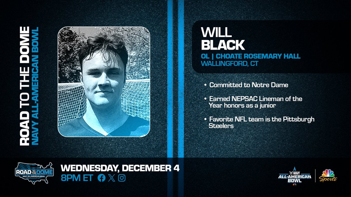 Navy All-American Bowl (@aabonnbc) on Twitter photo Notre Dame commit Will Black (<a href="/Will_Black60/">Will Black</a>) will be welcomed to the 2025 Navy All-American Bowl tomorrow at 8 pm ET.
#GoIrish ☘️
#NavyAAB 🇺🇸 <a href="/AmericasNavy/">America's Navy</a> Notre Dame commit Will Black (<a href="/Will_Black60/">Will Black</a>) will be welcomed to the 2025 Navy All-American Bowl tomorrow at 8 pm ET.
#GoIrish ☘️
#NavyAAB 🇺🇸 <a href="/AmericasNavy/">America's Navy</a>