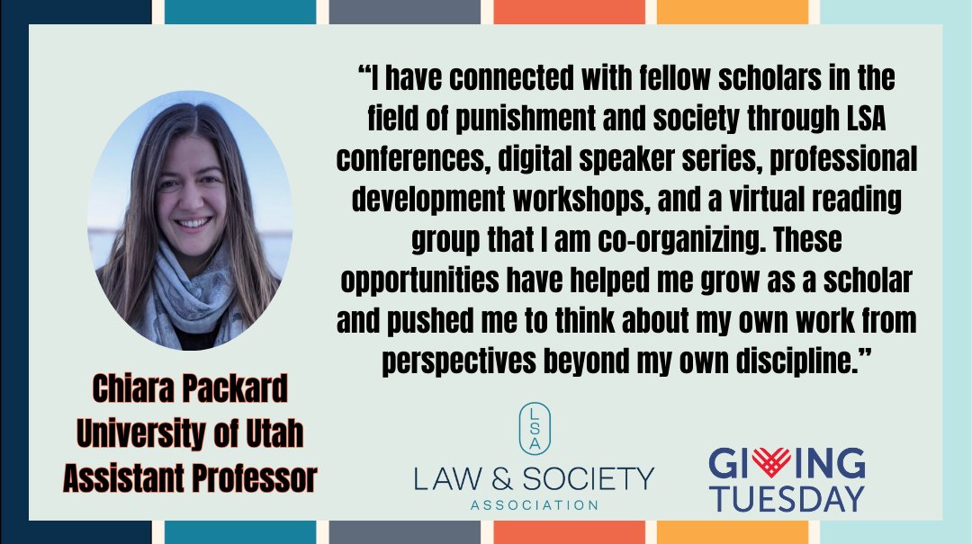 #GivingTuesday is a great opportunity to celebrate the diverse scholarly community our members work together to create! If you would like to donate to #LSA, please click the link below:

bit.ly/4fBTTw9

#LawAndSociety #CommunityBuilding #AccessToJustice
<a href="/chiarapack/">Chiara Packard</a>