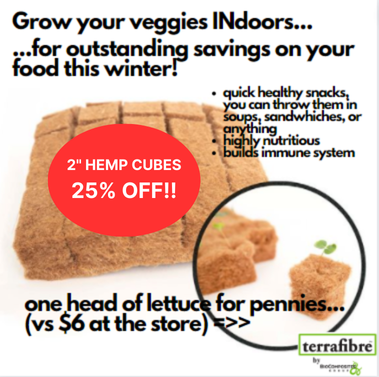 Start gardening INdoors this winter! The Terrafibre 2" hemp cubes are perfect for starting all your seeds indoors.  Works excellent in hydroponic setups as well.  THE PERFECT STOCKING STUFFER! (25% off right now) terrafibre.ca/product/terraf…