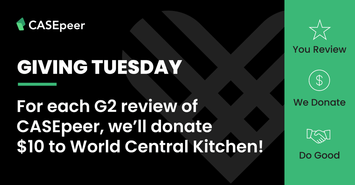 CASEpeer's tweet photo. This Giving Tuesday, for each G2 review of #CASEpeer, we’ll donate $10 to World Central Kitchen, supporting their efforts to provide meals to those in need. Visit the AffiniPay page below, choose CASEpeer, and leave your review.

Leave your review here ➡️ https://t.co/cPapgdJqxk https://t.co/YuyOwa6vIF