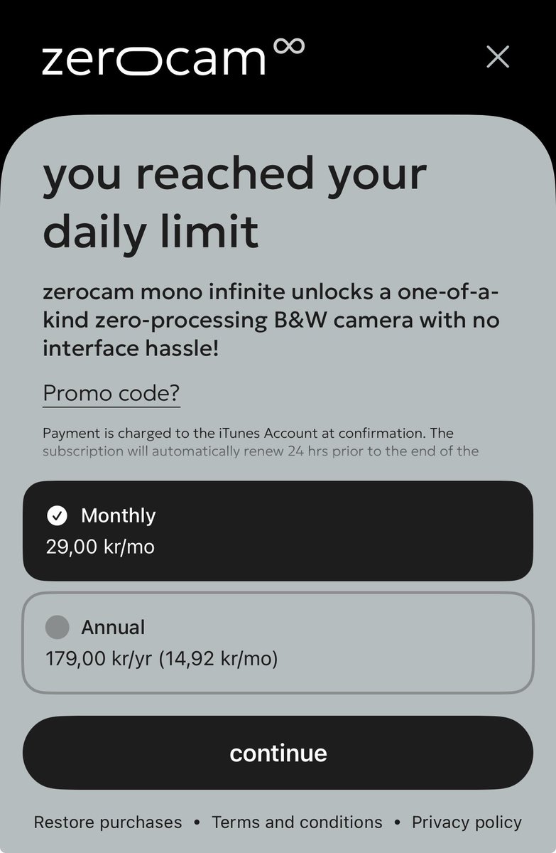 Jaagen's tweet photo. @zerocam_app I bought a yearly subscription for Mono on iOS during the BF/CM-promotion, but it still gives me a limit and prompts me to buy it. Do I have to re-download it for the sub to work? https://t.co/ReDkU2OT3z