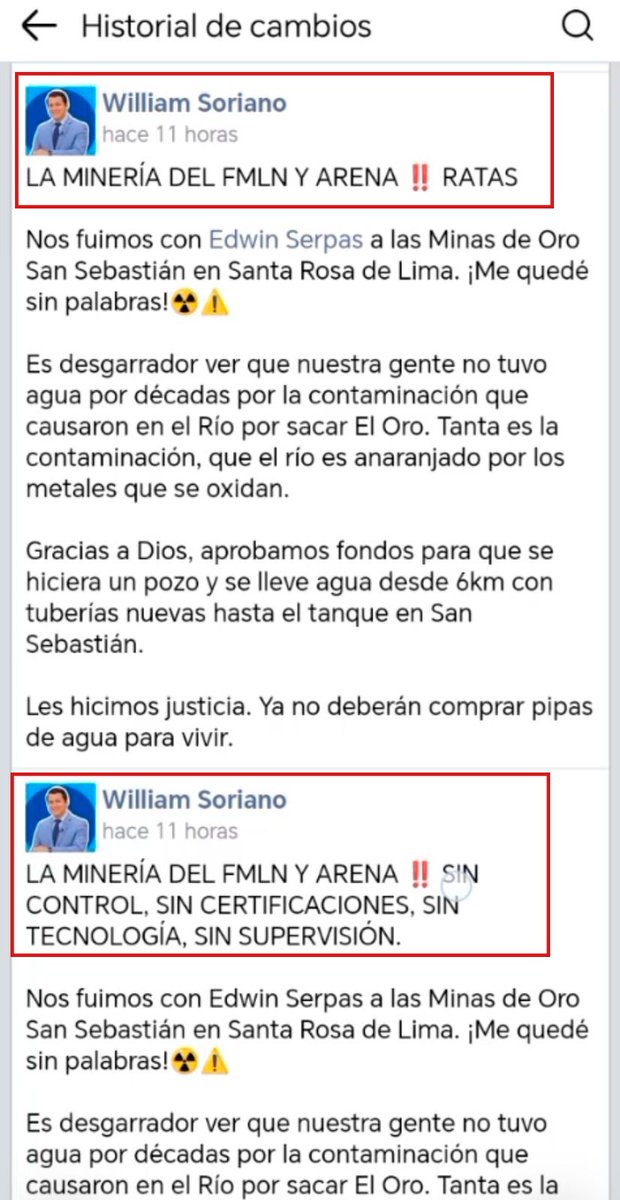 Voz Pública (@vozpublicavp) on Twitter photo 📌Hace dos años, <a href="/WilliamSorianoH/">William Soriano 🇸🇻</a> tenía una opinión sobre la #minería en El Salvador; ahora, su tuit lo borró y en Facebook lo editó. Aquí te mostramos con el historial de cambios👇🏻
Nayib Bukele habló de reactivar la minería metálica en el país. 📌Hace dos años, <a href="/WilliamSorianoH/">William Soriano 🇸🇻</a> tenía una opinión sobre la #minería en El Salvador; ahora, su tuit lo borró y en Facebook lo editó. Aquí te mostramos con el historial de cambios👇🏻
Nayib Bukele habló de reactivar la minería metálica en el país.