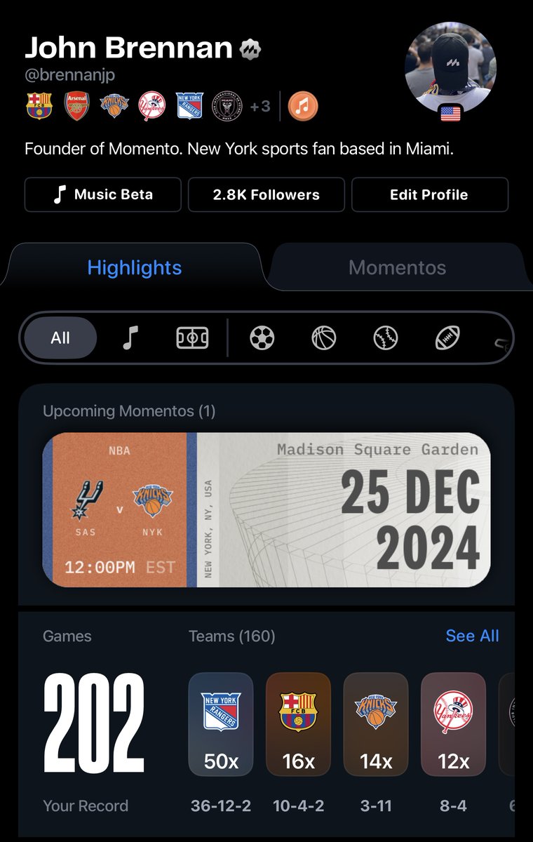 brennanjp's tweet photo. NEW @ACMomento drop!

📆 Upcoming Momentos — a dedicated section in your Highlights for games or shows you're planning on going to.

🏟️ Venue Pages — Tap a Venue in your Highlights to view all associated Momentos (same with Teams & Artists).

Avail on both iOS & Android.