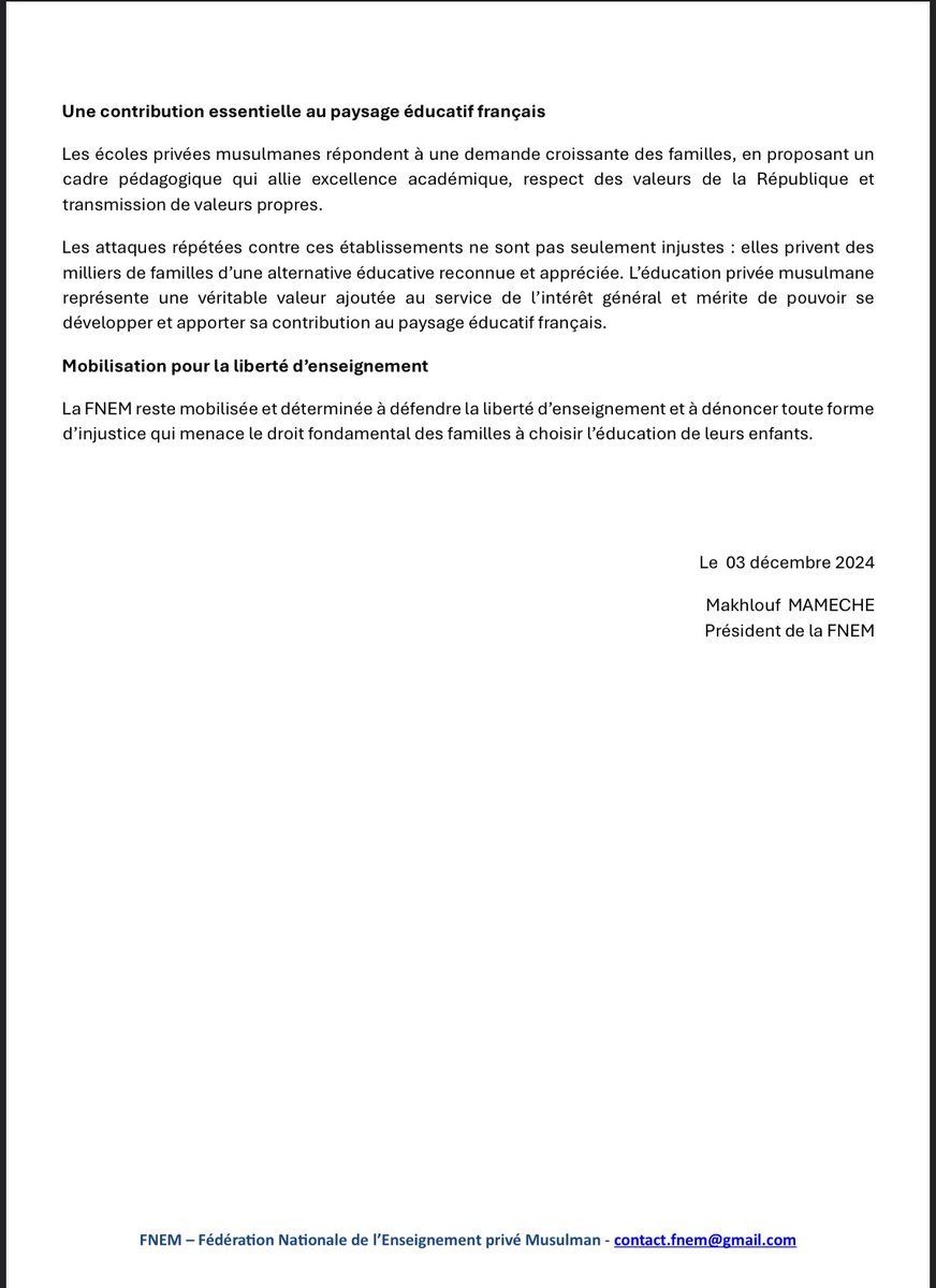 Me_GuezGuez's tweet photo. L’acharnement contre les établissements scolaires musulmans continue: le lycée Al Kindi à Lyon est menacé d’une perte du contrat d’association avec l’etat. Ici le communiqué de la FNEM: https://t.co/fdSU6EnwMe