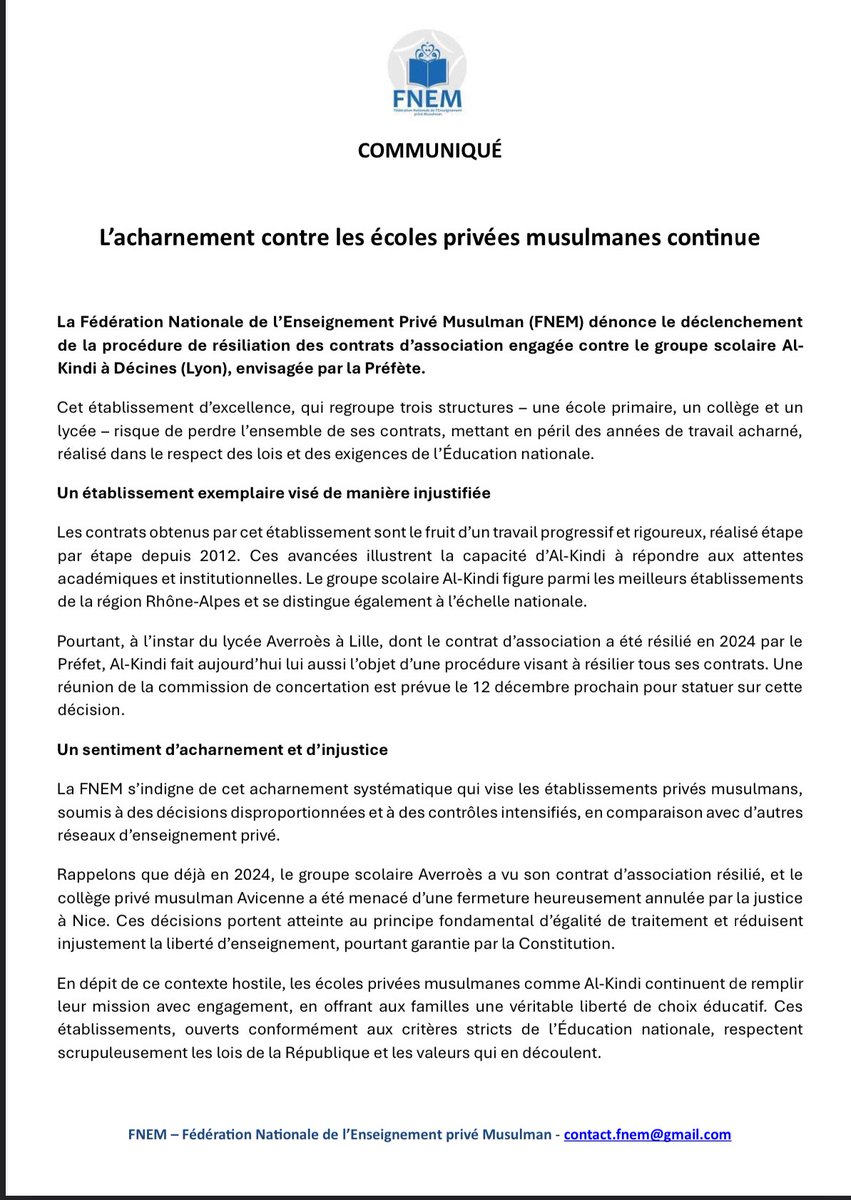 Me_GuezGuez's tweet photo. L’acharnement contre les établissements scolaires musulmans continue: le lycée Al Kindi à Lyon est menacé d’une perte du contrat d’association avec l’etat. Ici le communiqué de la FNEM: https://t.co/fdSU6EnwMe