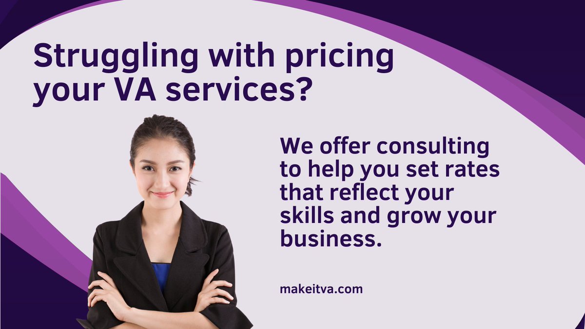 MakeITVA's tweet photo. Struggling with pricing your VA services? We offer consulting to help you set rates that reflect your skills and grow your business. 🌟 #VAServices #PricingSuccess #MakeItVA https://t.co/mQxWRU1Hvv