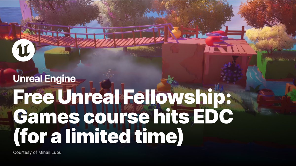 UnrealEngine's tweet image. Mark your calendars for this FREE Unreal Fellowship: Games course 🎮

Elevate your game development skills with this online course. For the first time ever, you can watch as we reveal over 35 hours of expert-led content (for a limited time). Don&apos;t miss out:…