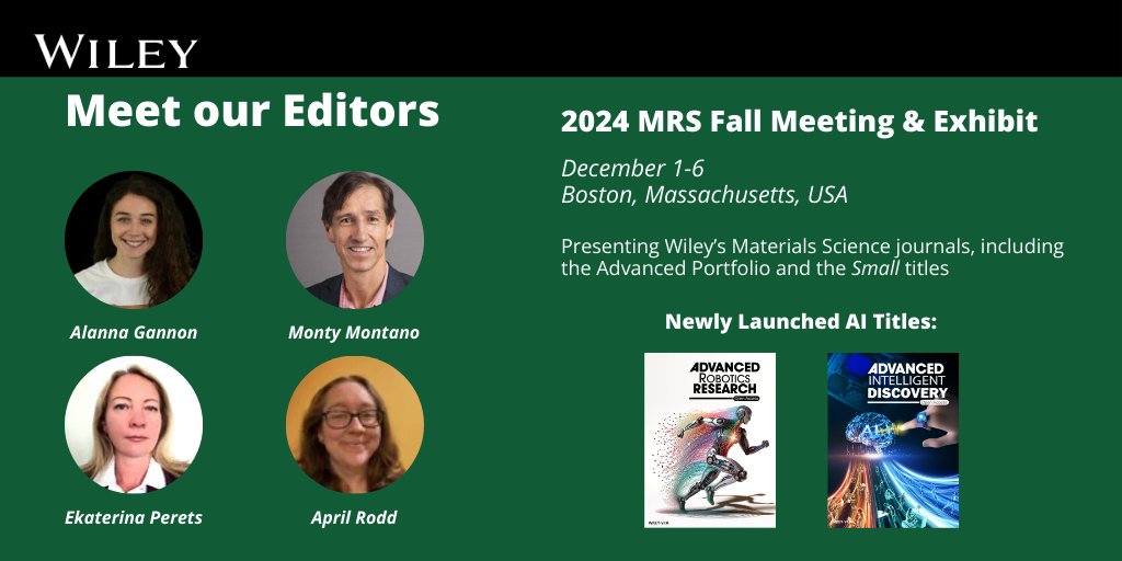 WileySTEM's tweet photo. Join us at #F24MRS! Our editors are excited to connect with you.
Have a chat about finding the right Wiley journal for your paper, #OpenAccess publishing, and dive into the #AdvancedPortfolio, along with our newly launched #AI and #Robotics journals.
π: https://t.co/nj1KtJcmMP https://t.co/6j6zKS3g96
