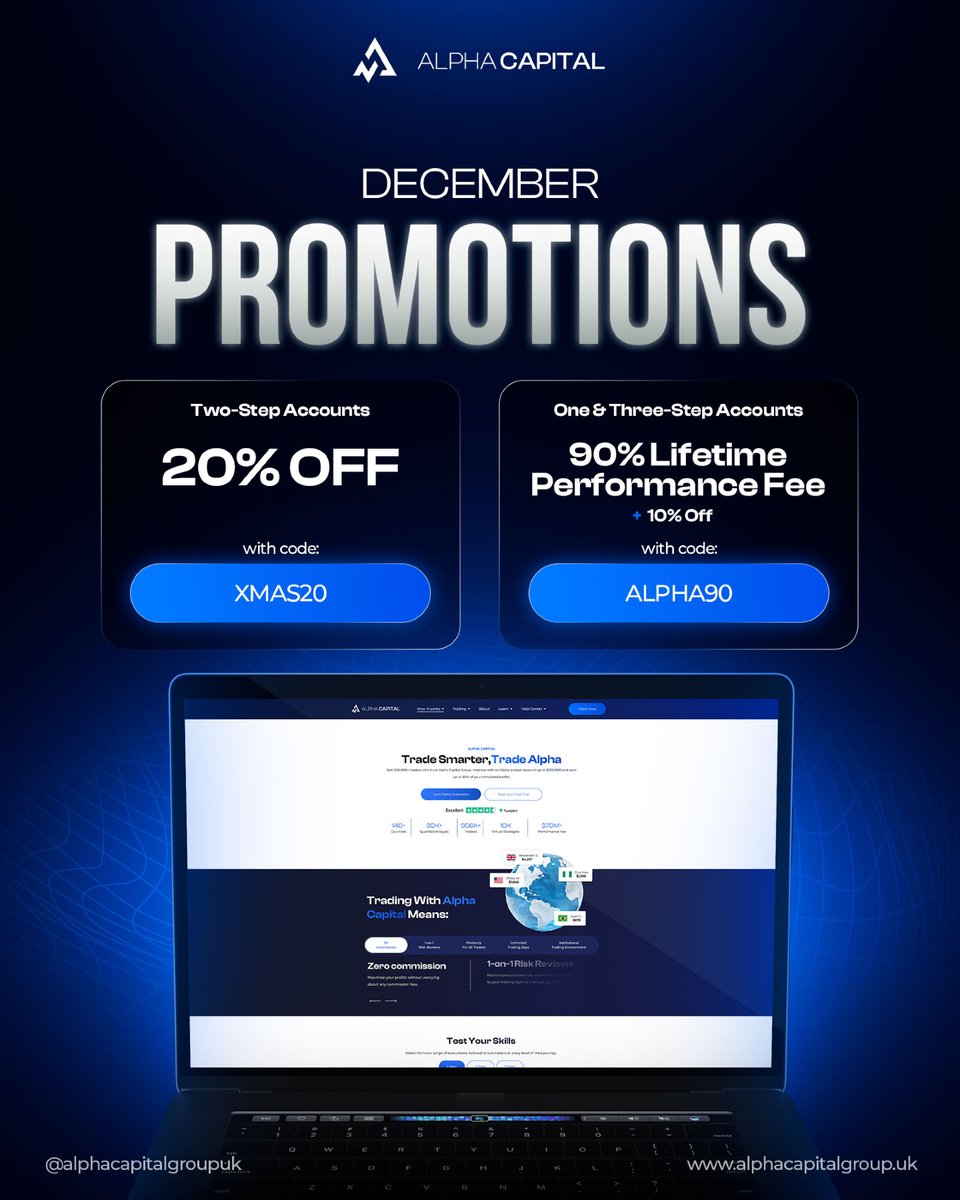 December Deals to Boost Your Trading 🚀

Start December with these unmissable offers:

🎄 Two-Step Accounts – 20% OFF with code 'XMAS20'

🎄 One &amp; Three-Step Accounts – 90% Lifetime Performance Fee + 10% OFF with code 'ALPHA90'

Plus, get a FREE 5k account with every purchase! 🎁