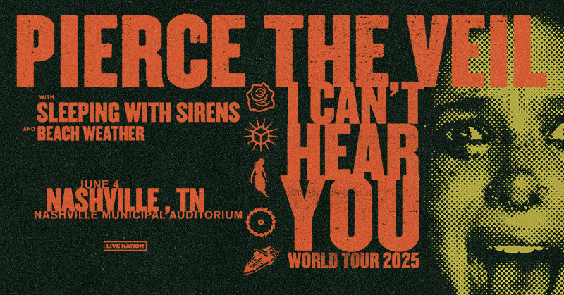 JUST ANNOUNCED! 🚨 Pierce The Veil is coming to Nashville Municipal Auditorium on June 4 for the I Can’t Hear You Tour! With special guest Sleeping With Sirens. Tickets on sale this Friday, Dec 6th @ 10AM local. 🔥