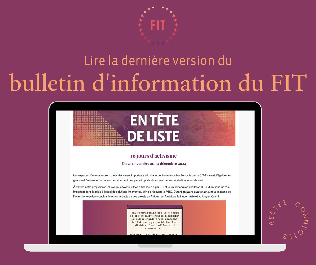Informez-vous grâce à la dernière édition de Restez Connectés, qui présente les dernières nouvelles et mises à jour du FIT. 
 
mailchi.mp/fit-fit/fitnov…