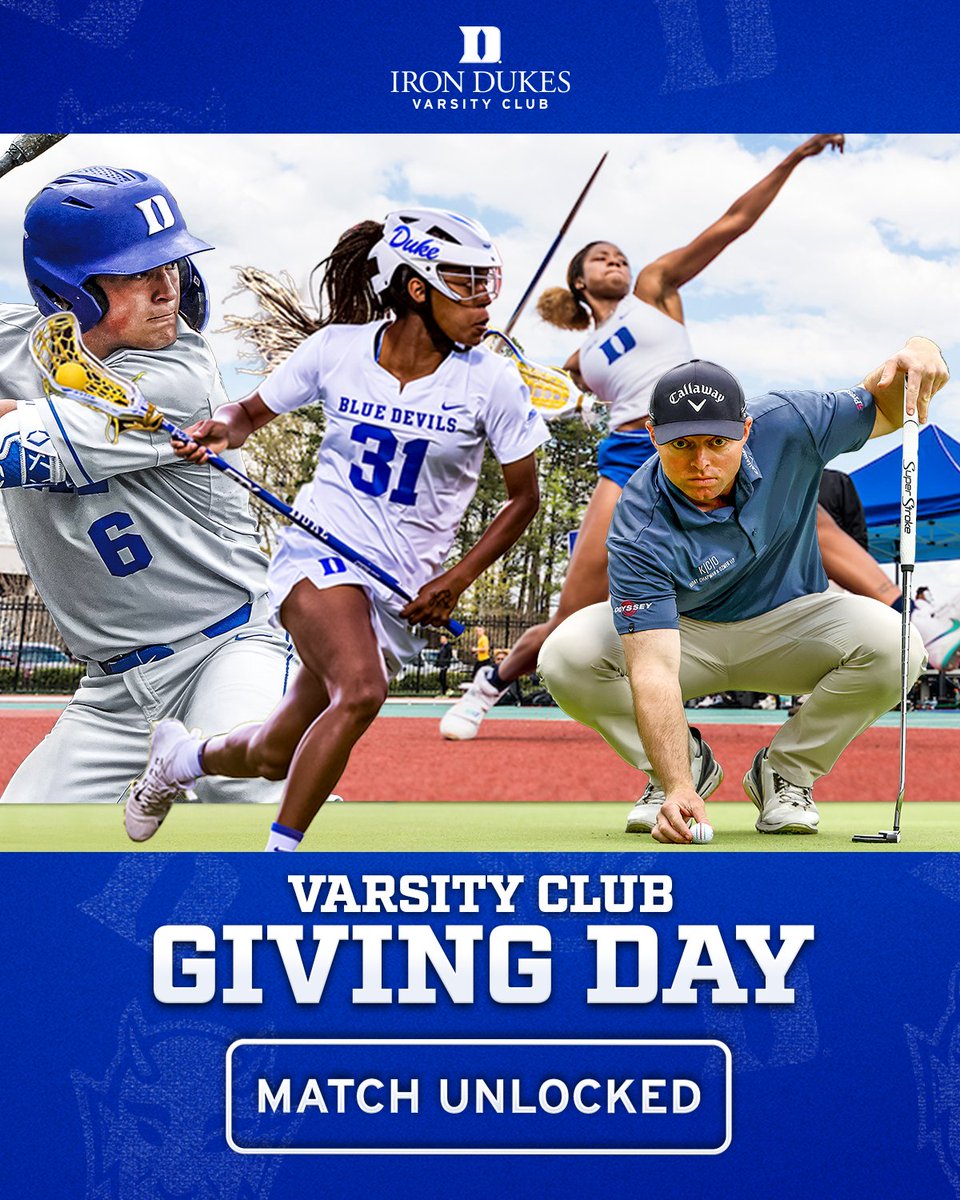 TheIronDukes's tweet photo. Huge congrats to @DukeBASE, @DukeMGOLF, @DukeWLAX &amp; @DukeTFXC for unlocking their Varsity Club Giving Day matches! 🎉 Plus, a heartfelt THANK YOU to the generous donors who made these matches possible with their incredible support!

Make YOUR impact here: https://t.co/DyHuwGxUHj https://t.co/YcKOXfkKnT