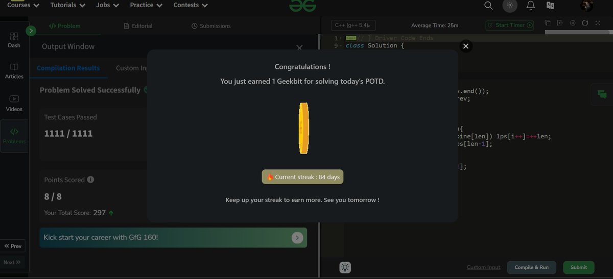 SatyamG21400517's tweet photo. Day 84 of Problem Solving!
📌 #gfg160 Day 19: Solved 'Min Chars to Add for Palindrome' ✅
👉 #CodingChallenge #100DaysOfCode #StringAlgorithms #Palindromes #geekstreak2024
@geeksforgeeks , every challenge makes me stronger! https://t.co/8mdz3fiXwG
