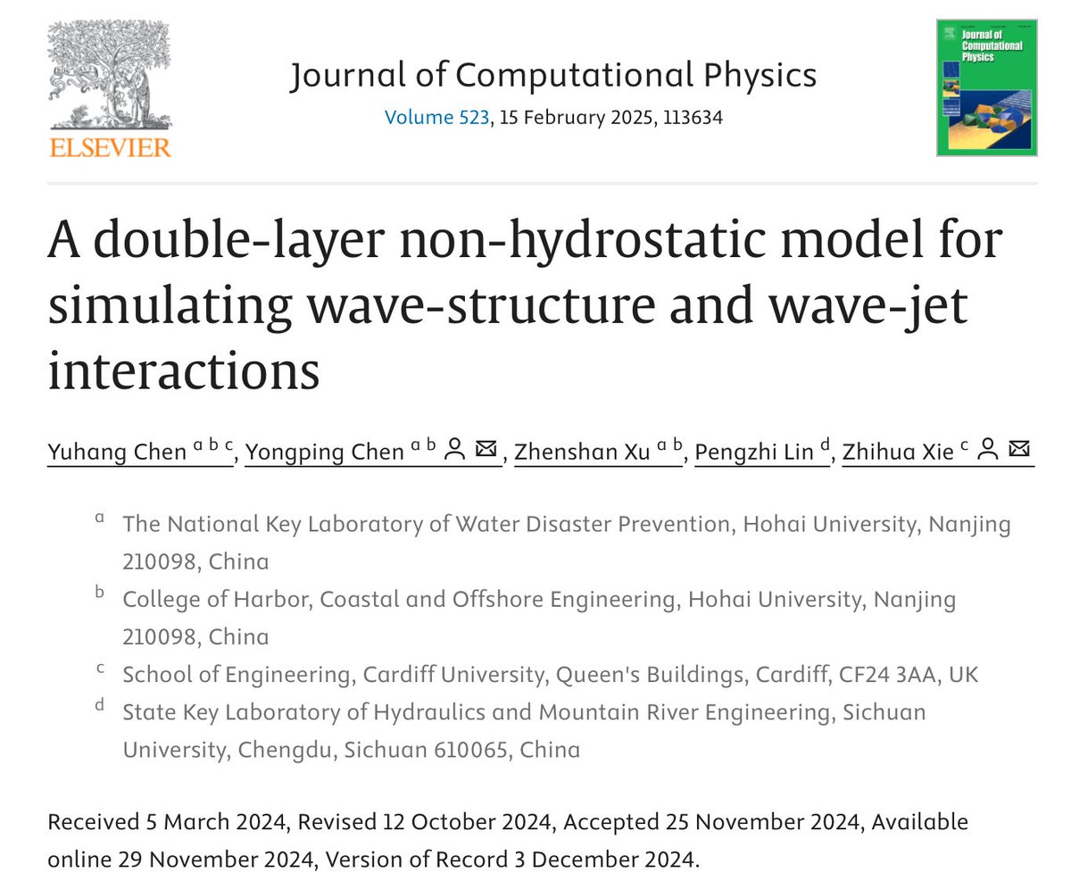 Happy to share our latest JCP paper on a double-layer non-hydrostatic model for simulating wave-structure and wave-jet interactions, which is led by my CSC visiting PhD student Yuhang Chen who spent two years <a href="/EngineeringCU/">Cardiff University Engineering</a>, in collaboration with Hohai and Sichuan Universities.