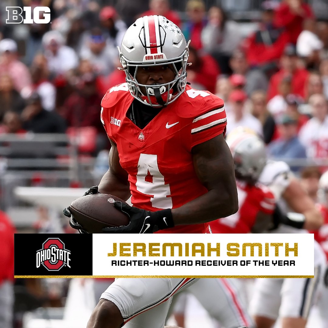 B1Gfootball's tweet photo. 𝘾𝙤𝙣𝙜𝙧𝙖𝙩𝙪𝙡𝙖𝙩𝙞𝙤𝙣𝙨 to Jeremiah Smith, the 2024 Richter-Howard Receiver of the Year! 

#B1GFootball x @OhioStateFB https://t.co/E91li2aWMO