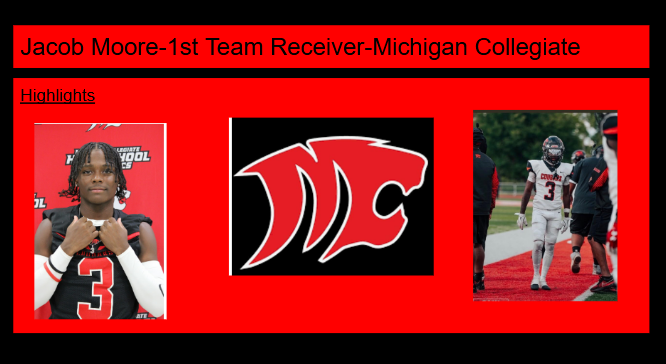 MacombCoaches's tweet photo. Macomb County 1st Team Tier 3 Receiver @MichiganColleg2 Jacob Moore @Jacob3Moore https://t.co/9rsSnFOJ4z