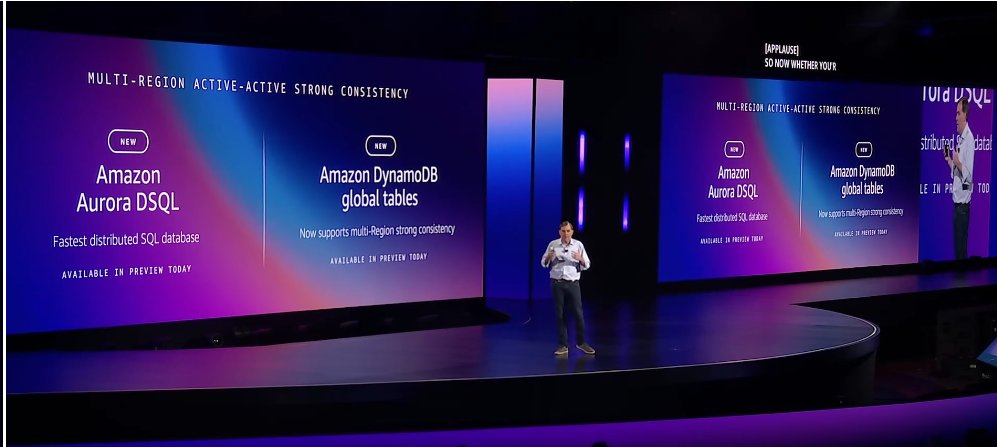 DHenschen's tweet image. The key database updates from #awsreinvent: Aurora DSQL (distributed rival to Google Spanner promising 4X faster DB reads &amp;amp; writes) &amp;amp; DynamoDB Global Tables (using same performant, distributed architecture). Global companies want these consistent, distributed options. #CRatAWS