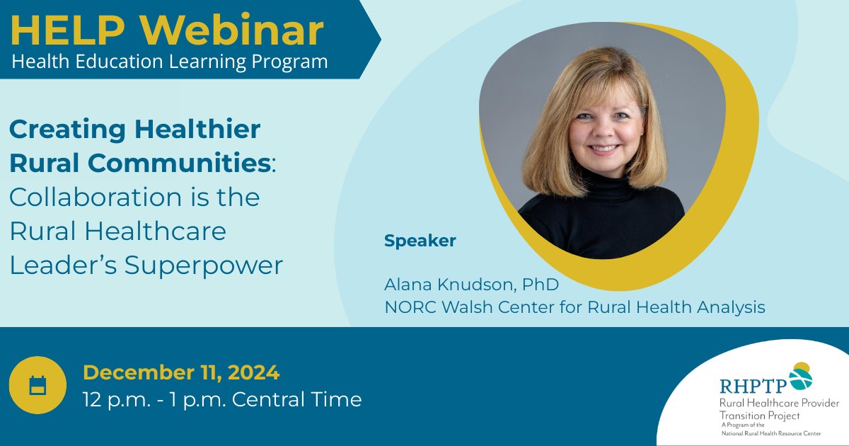 The Center (@rhrc) on Twitter photo Join us on Wed., Dec. 11 for our next HELP Webinar which focuses on collaboration in rural communities. Alana Knudson from <a href="/WalshCenter/">NORC Walsh Center</a> will discuss rural health leaders’ roles as connectors & share resources that can support their work to improve health. bit.ly/HELP-Collabora… Join us on Wed., Dec. 11 for our next HELP Webinar which focuses on collaboration in rural communities. Alana Knudson from <a href="/WalshCenter/">NORC Walsh Center</a> will discuss rural health leaders’ roles as connectors & share resources that can support their work to improve health. bit.ly/HELP-Collabora…