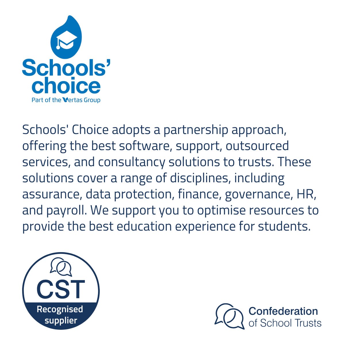 A warm welcome to our new recognised suppliers, <a href="/SchoolsChoice/">Schools' Choice</a>, <a href="/uk_eesg/">Energy Efficient Solutions Group (EESGroup)</a> and <a href="/EntrustEDU/">Entrust Education</a>.

<a href="/SchoolsChoice/">Schools' Choice</a> supports trusts with expert finance, HR, governance, and safeguarding solutions. Discover how Schools' Choice can save time and cut costs: cstuk.org.uk/directory-of-s…