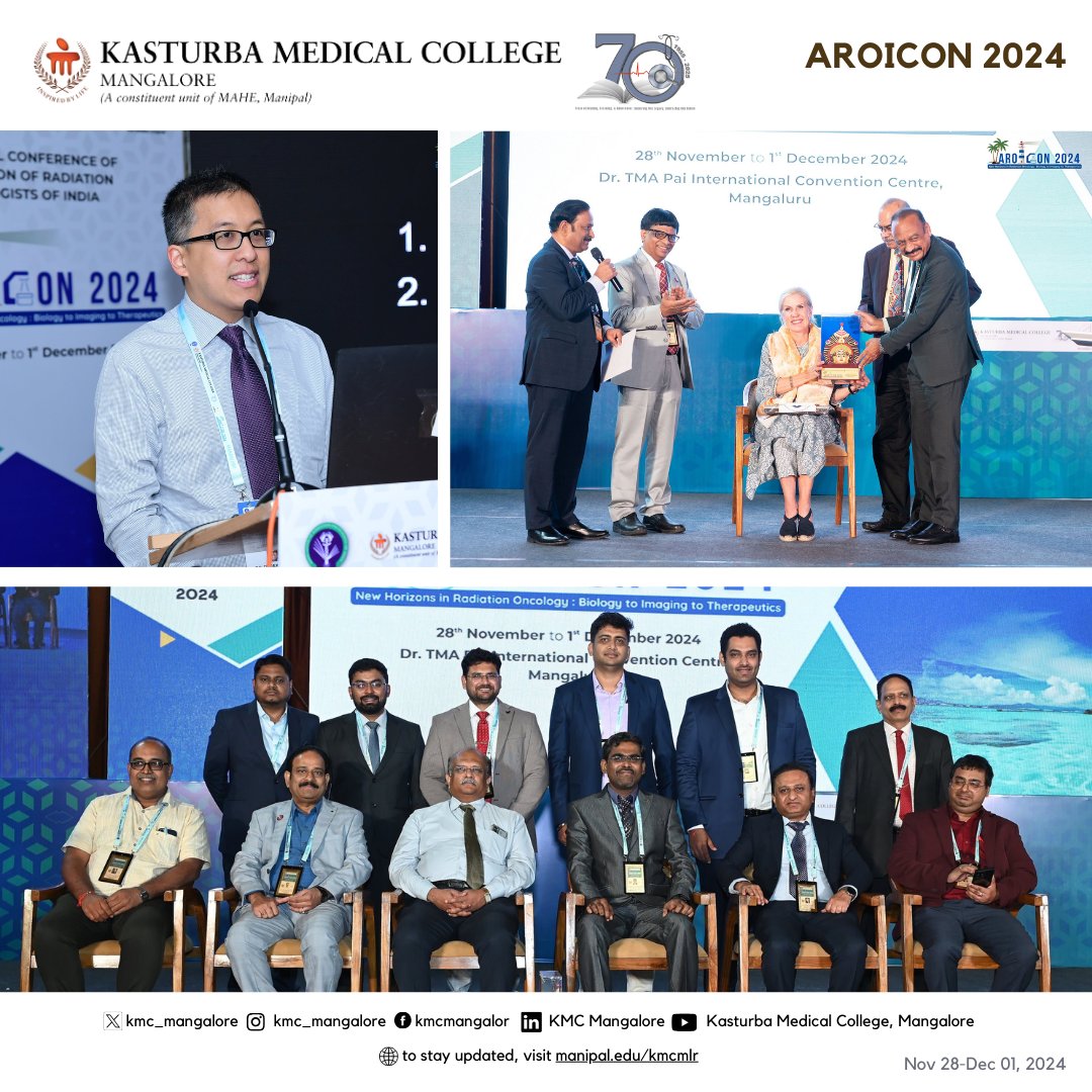 KMC_Mangalore's tweet photo. KMC Mangalore hosted AROICON 2024, which saw 1,800+ delegates from Nov 28 to Dec 1, 2024, marking the city's largest oncology gathering. Guests AERB Chair Dinesh Kumar Shukla &amp; Vice-Admiral Dr. Arti Sarin highlighted safety, AI, &amp; innovation in cancer care. #AROICON2024 https://t.co/FWVADJ7Czx