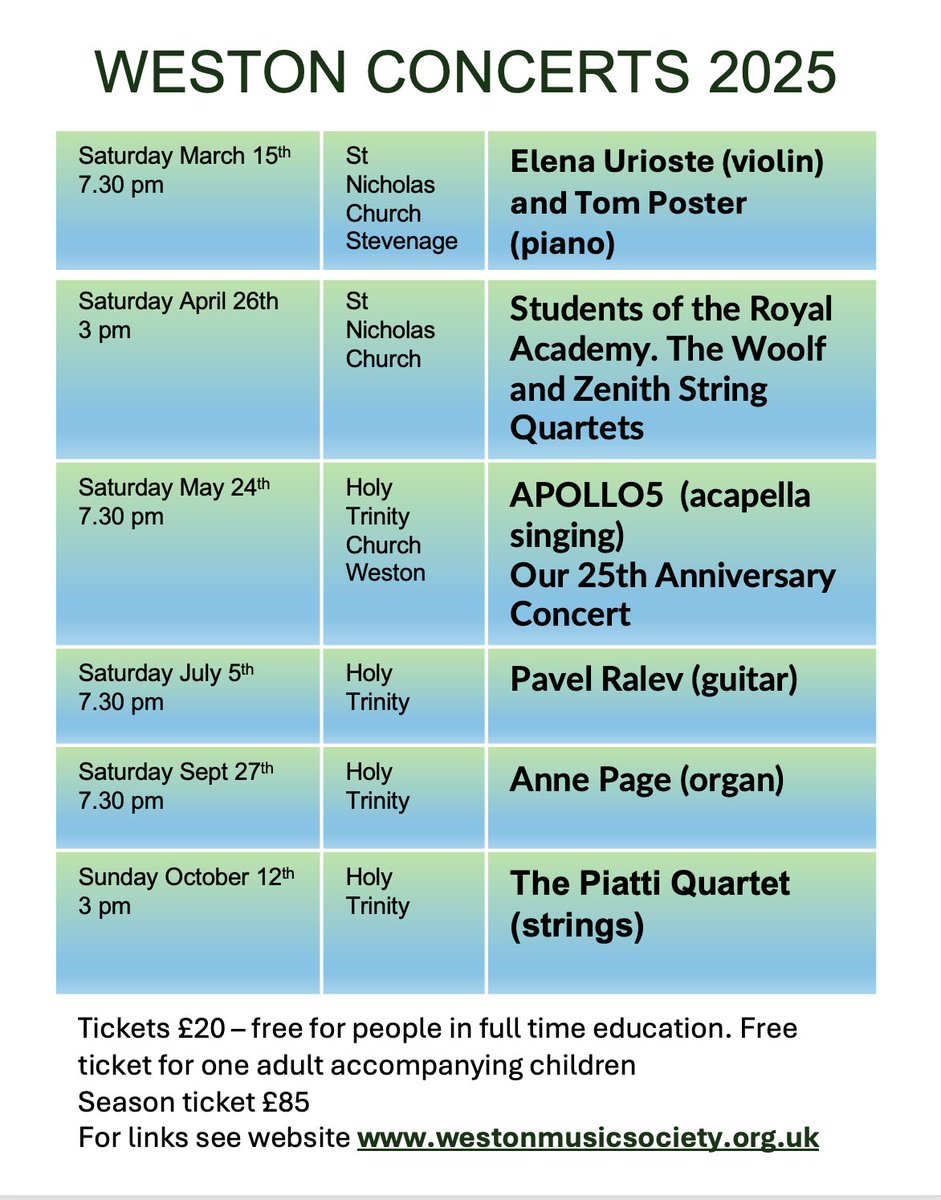 Our 2025 season is now on sale with fabulous performers coming to Weston including <a href="/ElenaUrioste/">Elena Urioste</a> <a href="/PosterTom/">Tom Poster</a> <a href="/RoyalAcadMusic/">Royal Academy of Music</a> <a href="/apollo5_uk/">APOLLO5</a> and <a href="/PiattiQuartet/">Piatti Quartet</a>