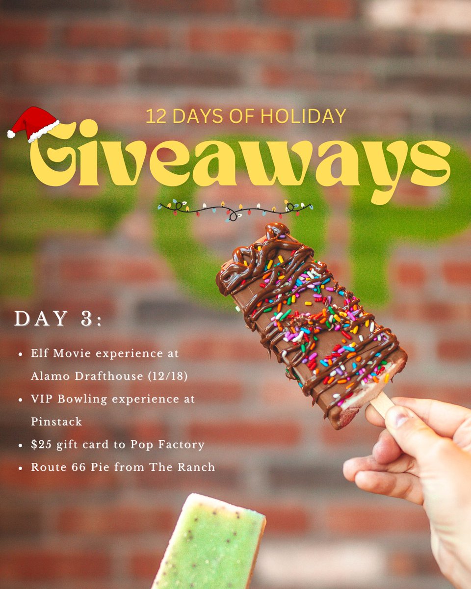 12 DAYS HOLIDAY GIVEAWAY DAY 3 🎅 Enter: irvingtexas.com/12-days-giveaw…
-Alamo Drafthouse Elf Movie Experience on 12/18 at 7 PM 
-VIP Bowling Experience at PINSTACK 
-$25 Gift Card to Pop Factory 
-Route 66 Pie from The Ranch at Las Colinas

#IrvingRocks #dfw #dallas