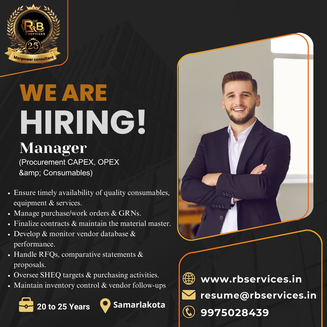 RnBmapower's tweet photo. We’re Hiring! ✨
Position: Manager (Procurement CAPEX, OPEX &amp; Consumables)
Location: Samarlakota
Exp 20-25year

#rnbservices #procurementjobs #supplychainmanagement #careeropportunity #hiringnow #manager #ap #BTS https://t.co/r3cWpZ0XOz