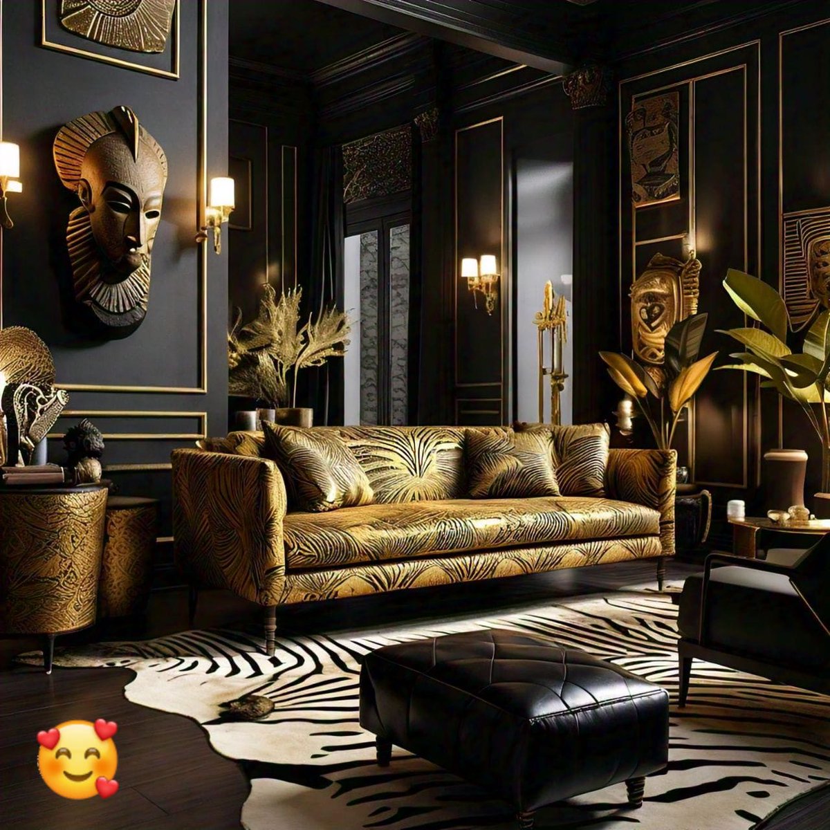 Elegant African oasis: Gold accents, black leather, and vibrant textiles create a sophisticated, culturally-rich living space.