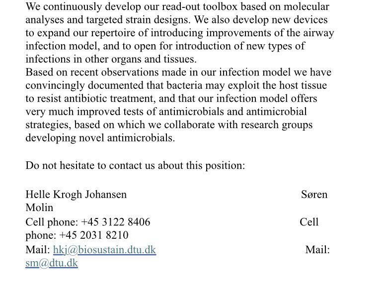 Víctor de Lorenzo (@vdlorenzo_cnb) on Twitter photo Available postdoc position the translation research team ‘Infection Biology Group’ of <a href="/DTUBiosustain/">DTU Biosustain</a> run by Søren Molin & Helle Krogh Johansen 👇 Available postdoc position the translation research team ‘Infection Biology Group’ of <a href="/DTUBiosustain/">DTU Biosustain</a> run by Søren Molin & Helle Krogh Johansen 👇