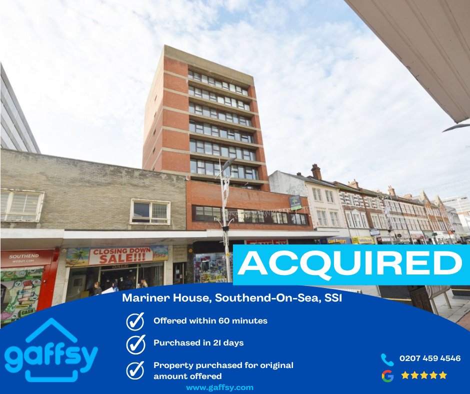 COMPLETED🏠

Mariner House, 157 High Street, Southend on Sea SS1

If you are looking to sell, give us a call on 0207 459 4546 for a free no obligation cash offer today.

#property #sellingyourhome #webuyhouses #realestate #cashhousebuyer #sellmyhome #webuyanyhome #cashbuyer