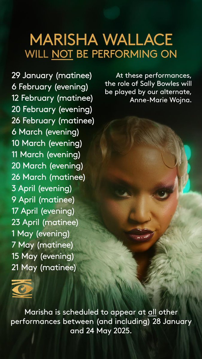 marishawallace's tweet photo. Absolutely blown away by the response on the announcement! 🖤 

Here is a reminder of the dates I won't be performing on. At these performances, the role of Sally Bowles will be played by our alternate, the brilliant Anne-Marie Wojna ✨ https://t.co/tVUtHFQh2y