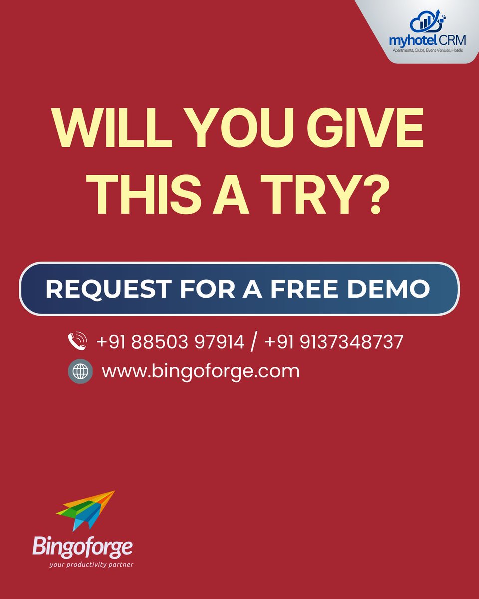 BingoForge's tweet image. #MyHotelCRM: Best CRM Solution!
🚀 Simplify your sales journey with smart solutions! 
✅ Focus on Leads
✅ Track Revenue 
✅ Customer Insights
✅ One-Click Proposals
Request Your FREE 
📱 +91 88503 97914 
📩 sales@bingoforge.com

#SmartSelling #SalesMadeSimple #LeadManagement