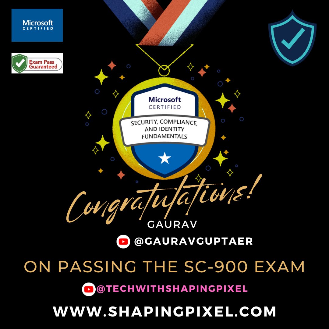 shaping_pixel's tweet image. Congratulations Gaurav @GAURAVGUPTAER on passing the Microsoft Certified Security, Compliance, and Identity Fundamentals SC-900 Exam 🎉🏅 #azure #azurefundamentals #exampass #certified #azuresecurity