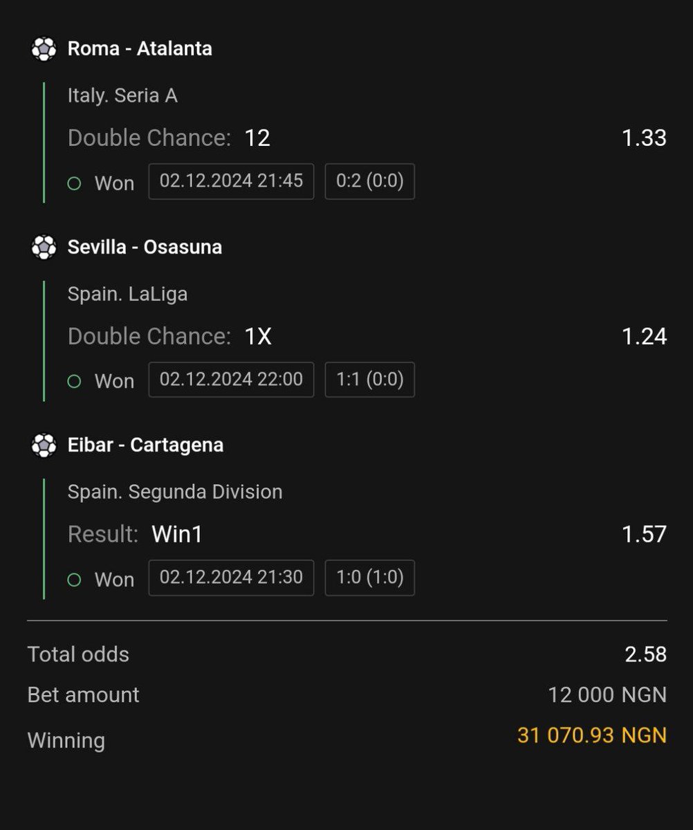 sportafrica2024's tweet photo. #Winnings!!!

All Booking Codes before the start of matches ➡️https://t.co/N9VuQHv5y5
Increase #WelcomeBonus with #PromoCode 👉🏾SPORTAFR

#AtleticoMadrid #RealMadrid #Sevilla #Football #winmultibet #sportpredictions #money #win #betandwin #betting #SportsBetting https://t.co/J09UDdR50x